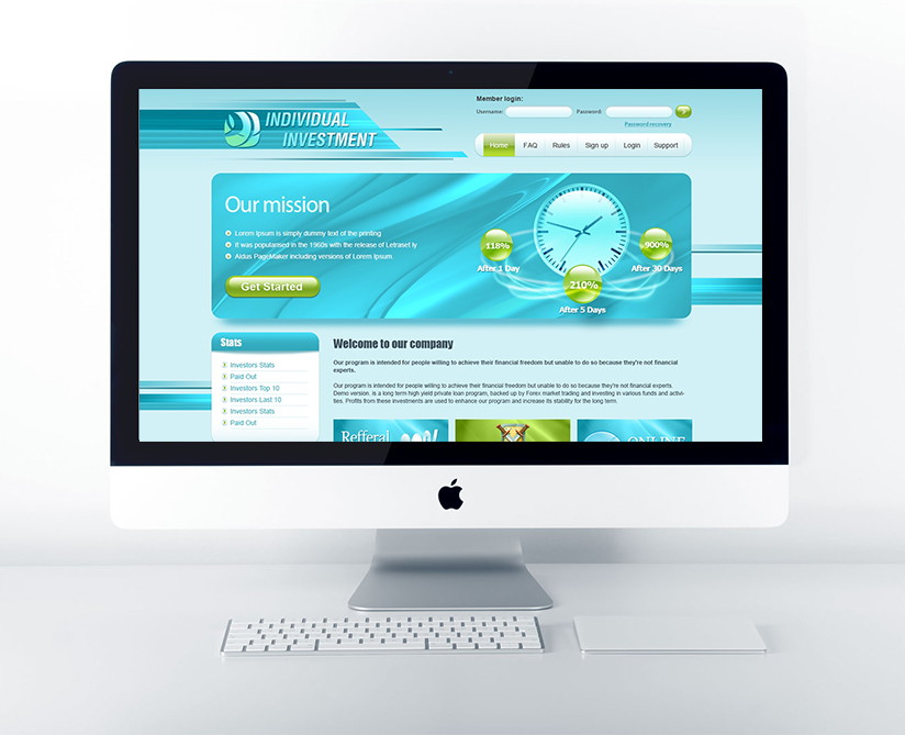 Сделан шаблон дизайна сайта и интеграция в систему управления сайтом для инвестиционной компании.