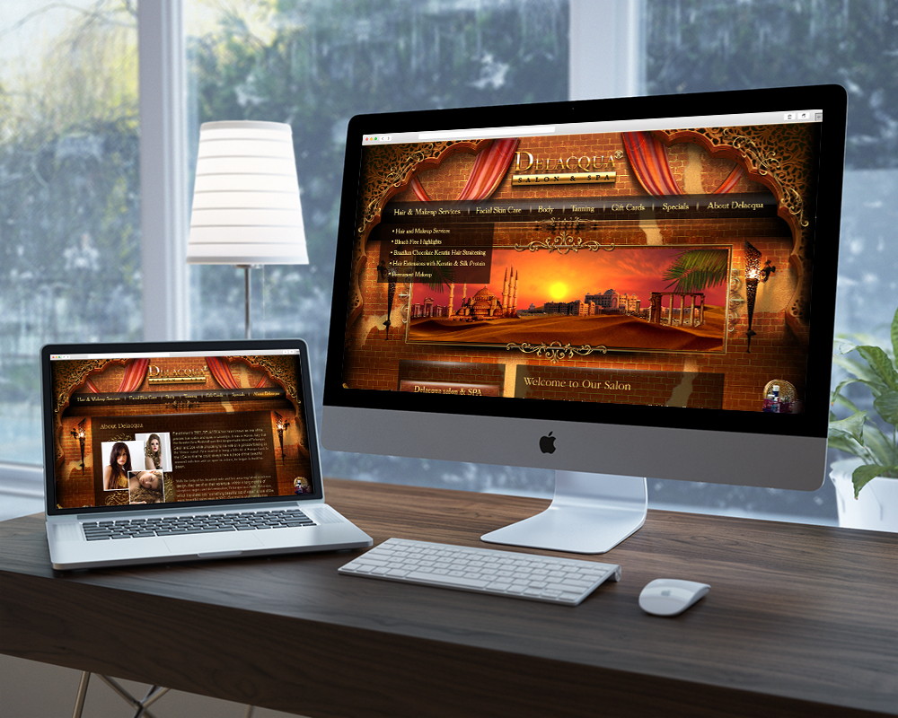 На заказ нужно было дизайн сайта создать для салона красоты «Delacqua»в Нью-Йорке под стиль интерьера салона.